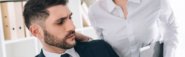 Panoramic Shot Secretary Big Breast Touching Shocked Businessman Office — Stock Photo, Image