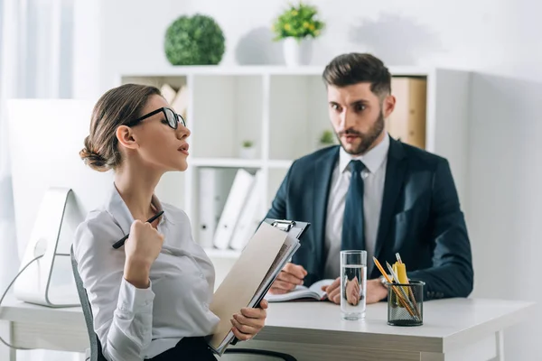 Selective Focus Secretary Seducing Shocked Businessman Office — 스톡 사진