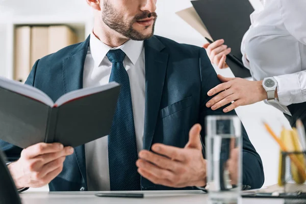 Cropped View Secretary Touching Hand Handsome Businessman Office — Stock Photo, Image