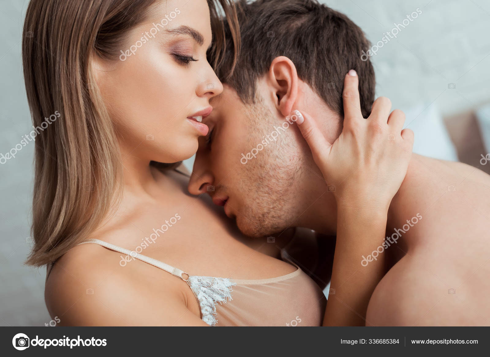 Seductive Girl Big Breast Hugging Handsome Man Closed Eyes Stock Photo by ©HayDmitriy 336685384 image