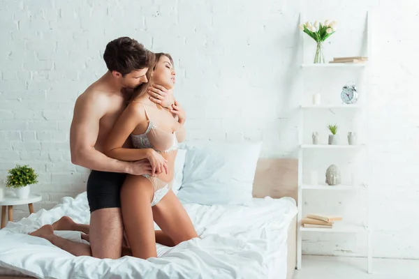 Passionate Man Touching Kissing Seductive Woman Big Breast — Stock Photo, Image