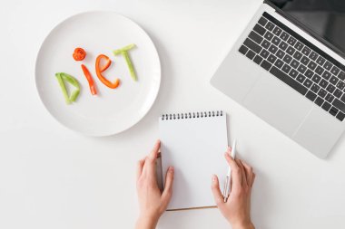 Top view of woman holding pen and notebook near lettering diet from vegetable slices on plate and laptop on white background