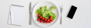 Top view of notebook, raw vegetables on plate and smartphone on white background, panoramic shot clipart