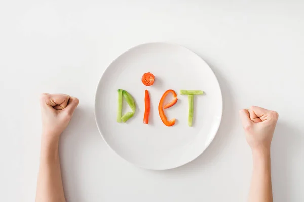 Top View Female Fists Diet Lettering Vegetable Slices White Background — 스톡 사진
