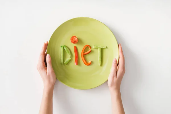 Top View Woman Holding Plate Word Diet Vegetable Slices White — Stock Photo, Image