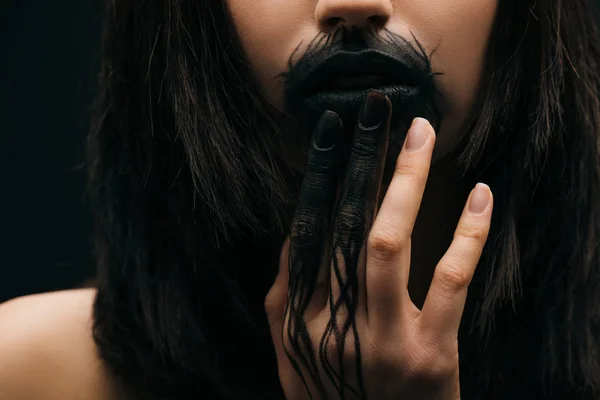 Cropped View Girl Black Paint Lips Hand Isolated Black — Stock Photo, Image