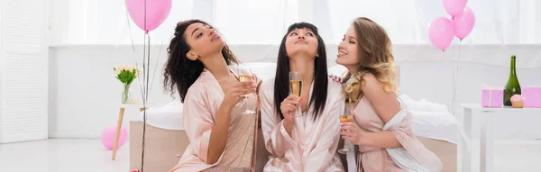 Panoramic Shot Positive Multicultural Girlfriends Having Fun Holding Champagne Glasses — 스톡 사진