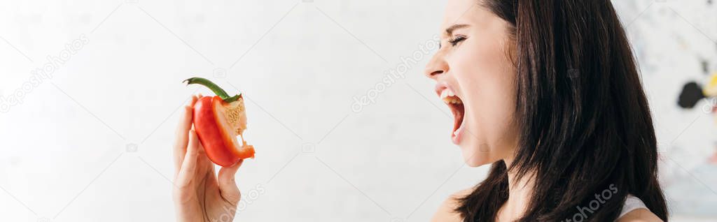 Panoramic shot of young woman grimacing while holding piece of bell pepper in kitchen