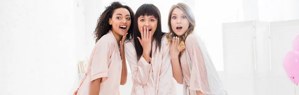 Panoramic Shot Shocked Multicultural Girls Bathrobes Having Bachelorette Party — Stock Photo, Image