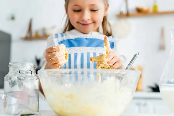 Cropped View Smiling Cute Kid Apron Cooking Dough Kitchen — 스톡 사진