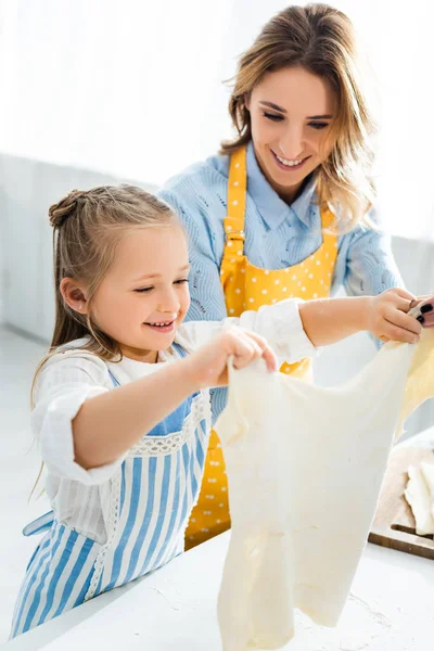 Smiling Mother Looking Cute Daughter Dough Kitchen — Stock Photo, Image