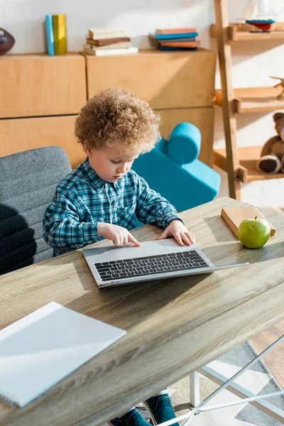 在新鲜苹果附近使用笔记本电脑的聪明而卷曲的孩子 — 图库照片