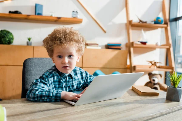 Criança Bonito Inteligente Usando Laptop Olhando Para Câmera — Fotografia de Stock