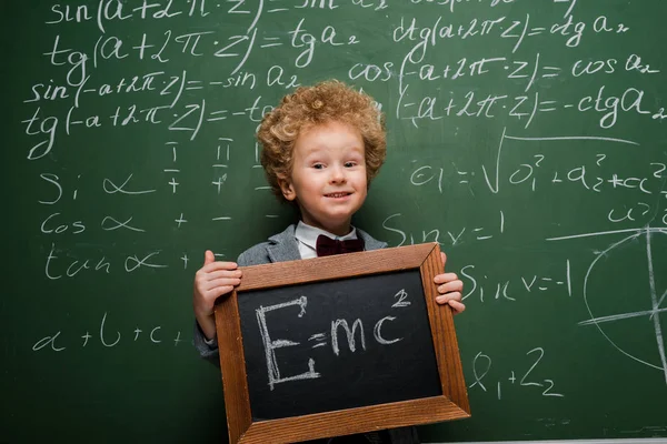 Happy Kid Suit Bow Tie Holding Small Blackboard Formula Chalkboard — Stock Photo, Image