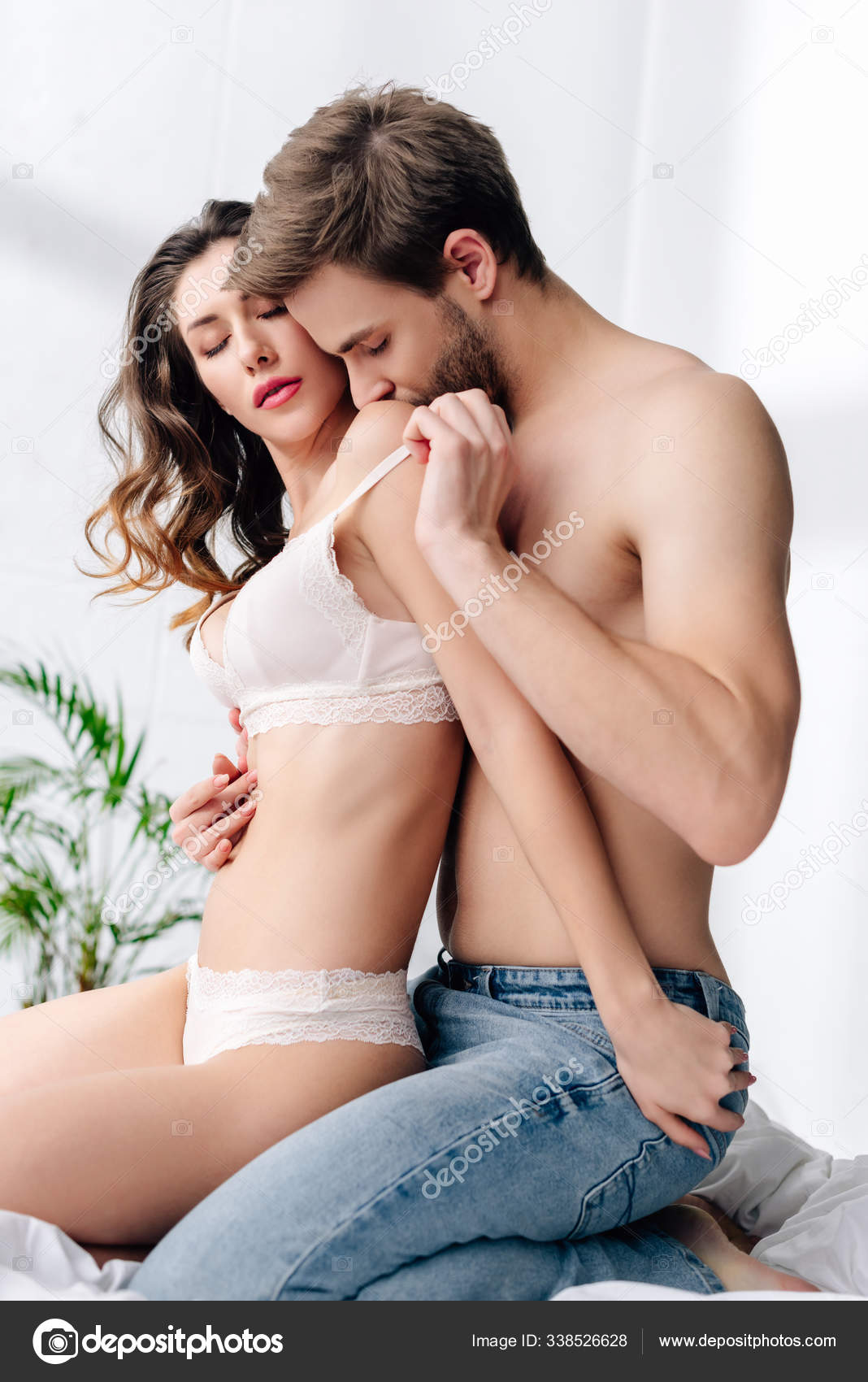 Sexy Boyfriend Hugging Kissing Girlfriend White Underwear Stock Photo by  ©HayDmitriy 338526628