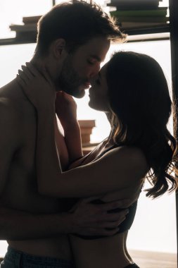 Kız arkadaş ve erkek arkadaşın kapalı gözlerle sarılıp öpüşmesinin yan görüntüsü. 