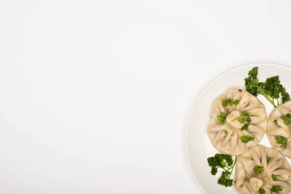 Draufsicht Auf Köstliches Chinkali Mit Koriander Auf Teller Auf Weißem — Stockfoto