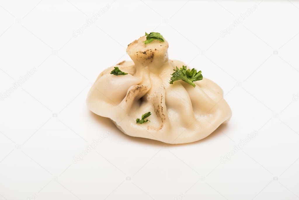 delicious Khinkali with cilantro on white background