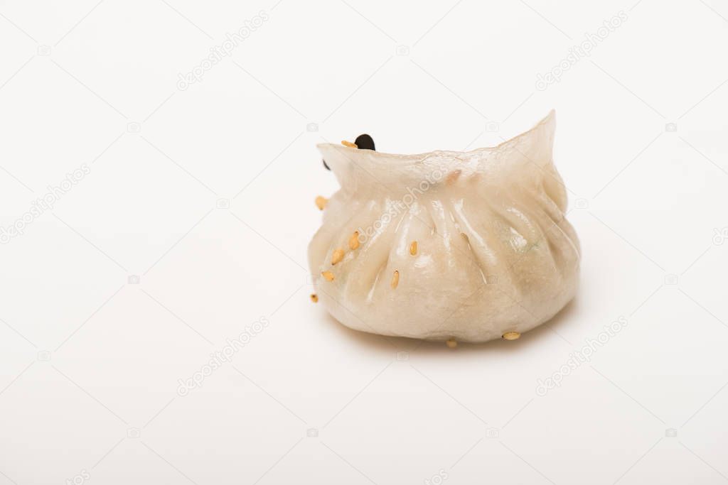 close up view of delicious Chinese boiled dumpling with seeds on white background