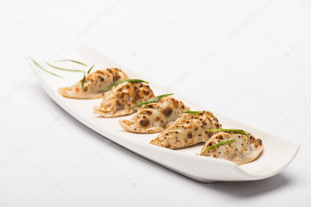 delicious gyoza served on plate on white background