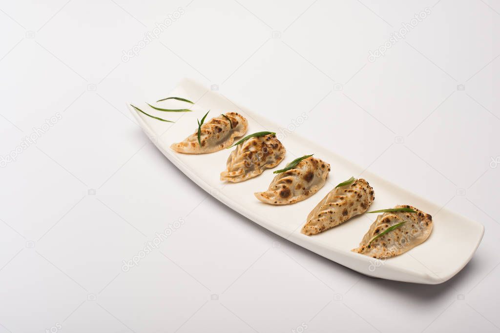 delicious gyoza served on plate on white background