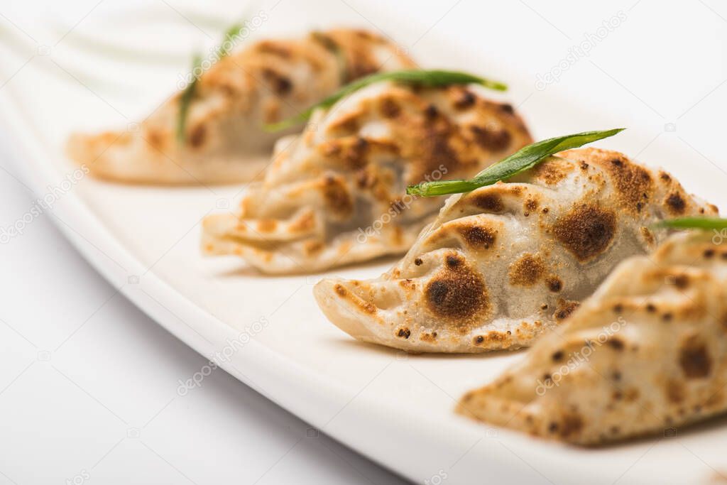 close up view of delicious gyoza served on plate on white background