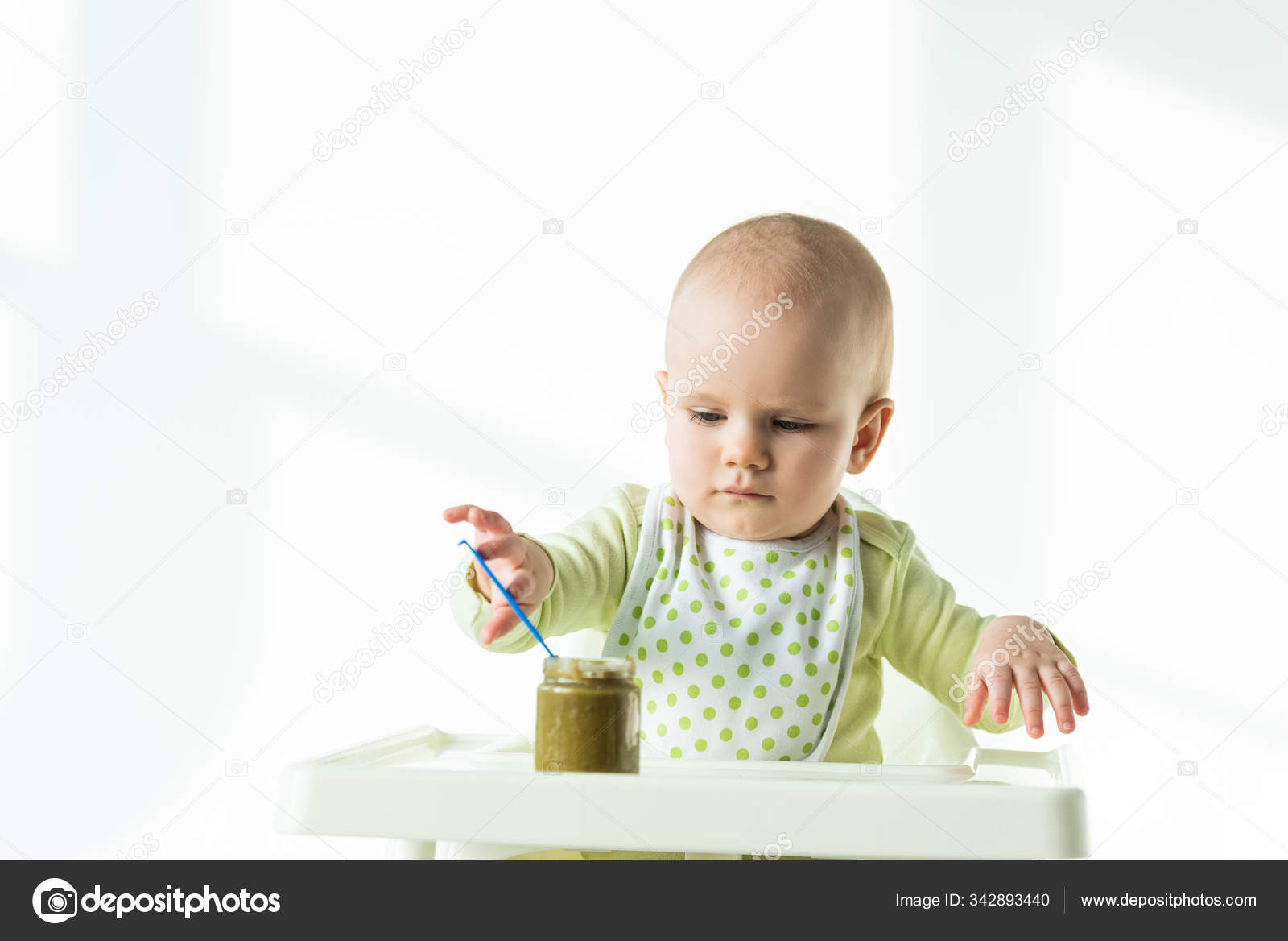 Infant Holding Spoon Jar Vegetable Baby Food Table Feeding Chair