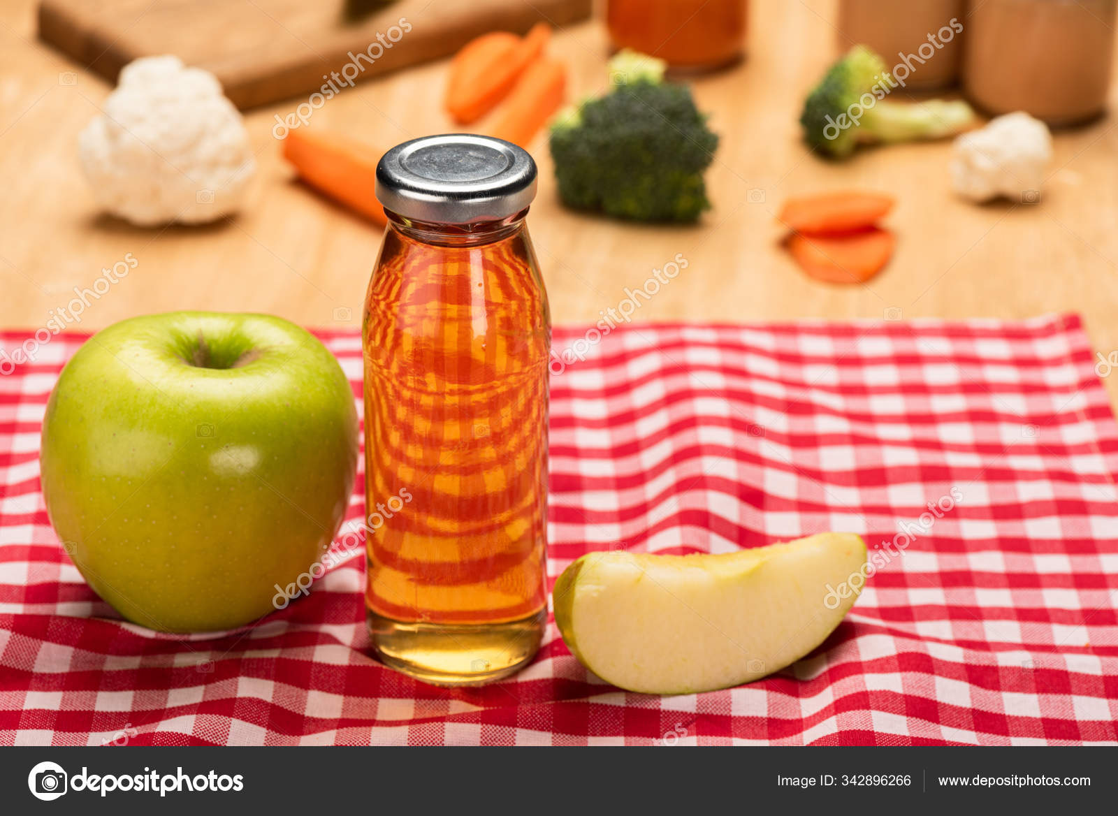 Selective Focus Bottle Apple Juice Baby Food Jars Ingredients