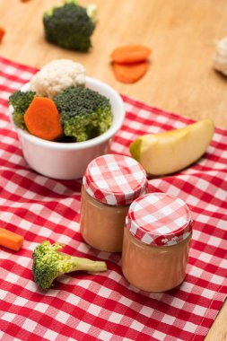 Selective focus of prepared baby food in jars with raw ingredients on tablecloth on wooden background