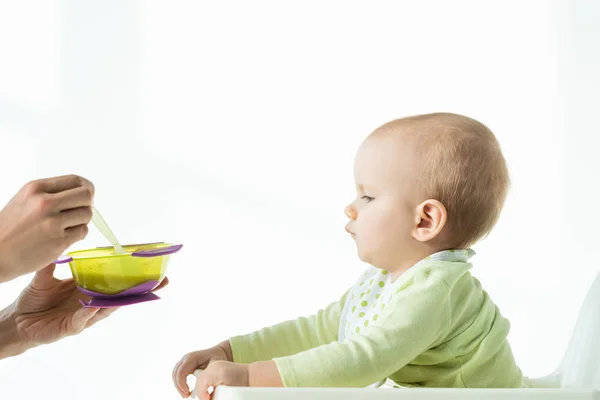 Side View Mother Holding Bowl Baby Nutrition Spoon Infant Feeding — Stock Photo, Image