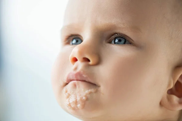 Portrait Cute Infant Soiled Mouth Baby Food Isolated Grey — Stock Photo, Image