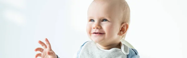 Panoramic Shot Cute Baby Smiling Away While Sitting Feeding Chair — Stock Photo, Image