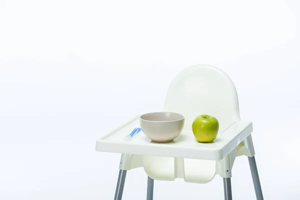 Bowl Spoon Ripe Apple Table Feeding Chair Isolated White — Stok fotoğraf