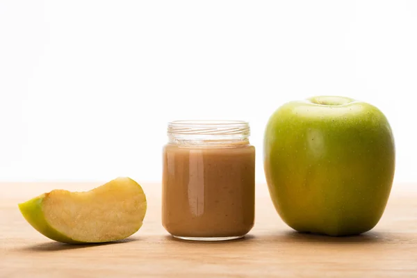 Green Apple Fruit Baby Nutrition Jar Wooden Surface Isolated White — Stock Photo, Image