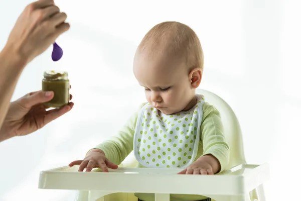 Selective Focus Mother Holding Jar Baby Nutrition Baby Son Feeding — Stock Photo, Image
