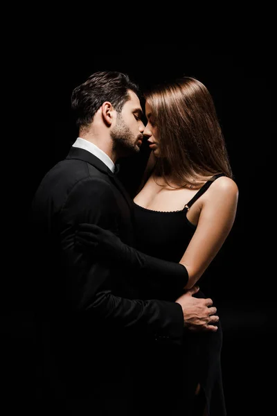 Side View Handsome Bearded Man Woman Kissing Isolated Black — Stock Photo, Image