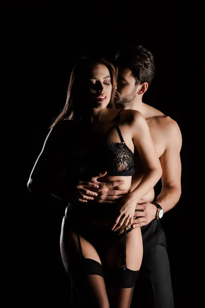 Passionate Man Hugging Attractive Woman Lace Underwear Isolated Black — Stock Photo, Image