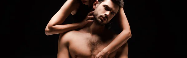 Panoramic Shot Passionate Woman Touching Shirtless Man Isolated Black — Stock Photo, Image