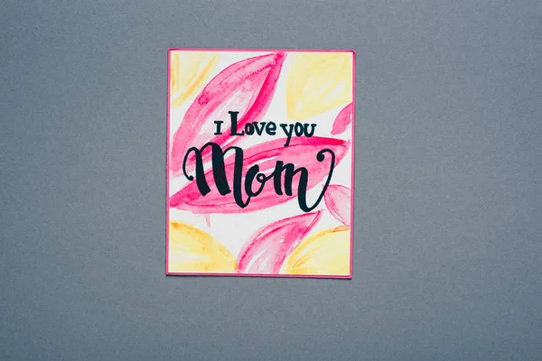 Top View Greeting Card Love You Mom Lettering Isolated Grey — Stock Photo, Image