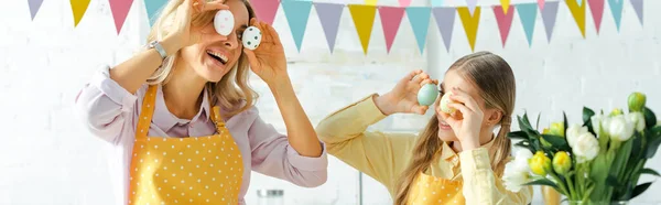 Panoramic Shot Happy Daughter Mother Covering Eyes Painted Easter Eggs — Stock Photo, Image