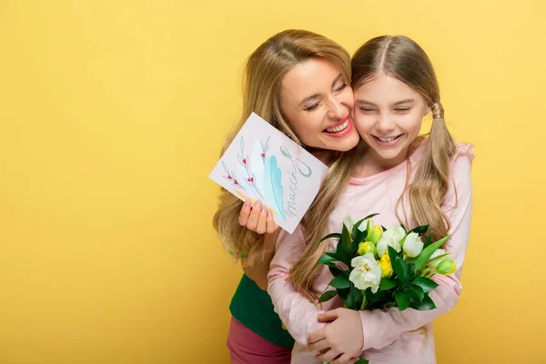 Happy Mother Holding Greeting Card March Lettering Hugging Cheerful Daughter — Stock Photo, Image