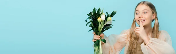 Panoramic Shot Happy Kid Looking Bouquet Tulips Showing Hush Sign — Stock Photo, Image
