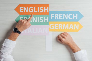 cropped view of translator pointing at arrows with languages clipart