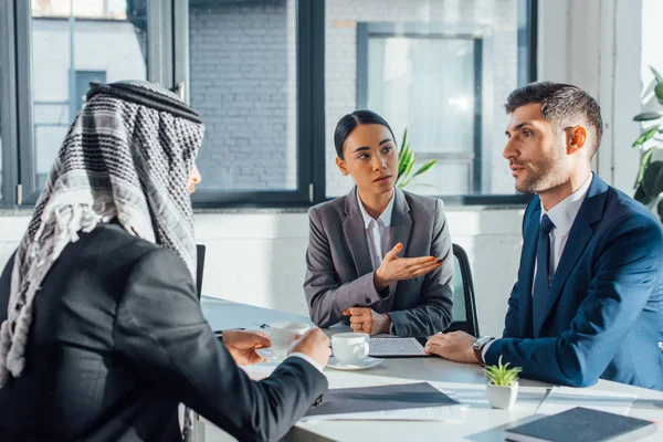 Multicultural Business Partners Talking Meeting Translator Office — Stock Photo, Image
