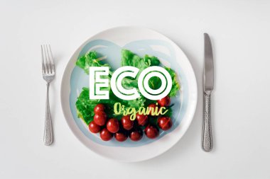 Top view of fresh vegetables on plate with cutlery on white background