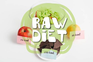 Fresh fruits, chocolate and salad with calories on cards on white background, raw diet illustration clipart