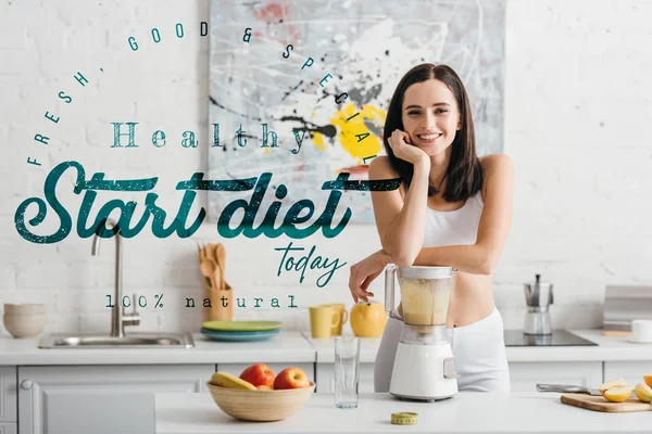 Slim Sportswoman Smiling Camera While Preparing Smoothie Measuring Tape Kitchen — Stock Photo, Image