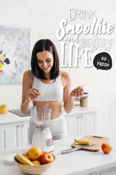 Beautiful smiling sportswoman putting banana in blender while preparing smoothie near drink smoothie and enjoy life illustration