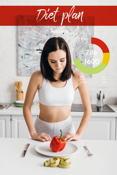 Selective focus of thoughtful sportswoman looking at bell pepper near measuring tape on kitchen table, diet plan illustration