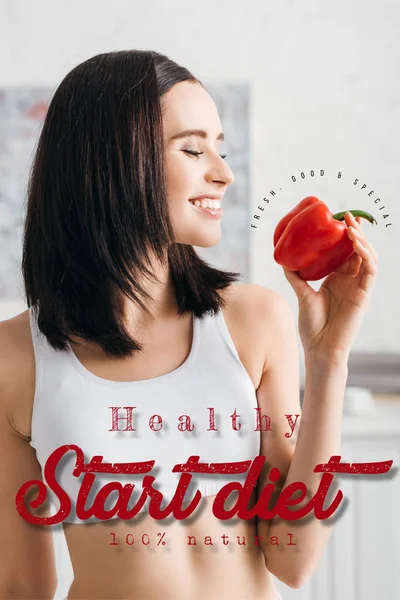 Smiling Woman Holding Ripe Bell Pepper Start Diet Illustration — Stock Photo, Image